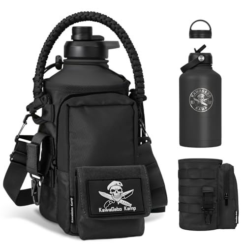 Image of Tactical Half Gallon Water Bottle with Straw | 64 oz Insulated Water Jug with 3 BPA Free Lids, Handle, Strap, MOLLE System for Gym Workout Hiking - Black