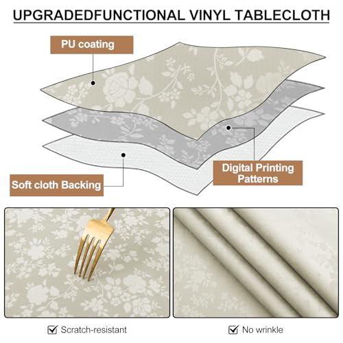 Image of Smiry Rectangle Waterproof Heavy Duty Vinyl Tablecloths, 60 x 102 Inch | Wipeable Washable Floral Embossed Table Cover for Kitchen and Dining Room, Indoor & Outdoor Use, Sand