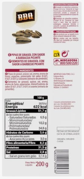 BBQ Pipas Sementes Girassol con Sapore Barbecue, Tostate, 200g, pack 5