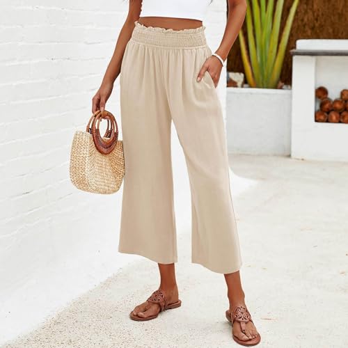 Womens Capri Pants with Pockets High Waist Linen Capris Summer Casual Wide Leg Palazzo Harem Trousers Beach Outfits4