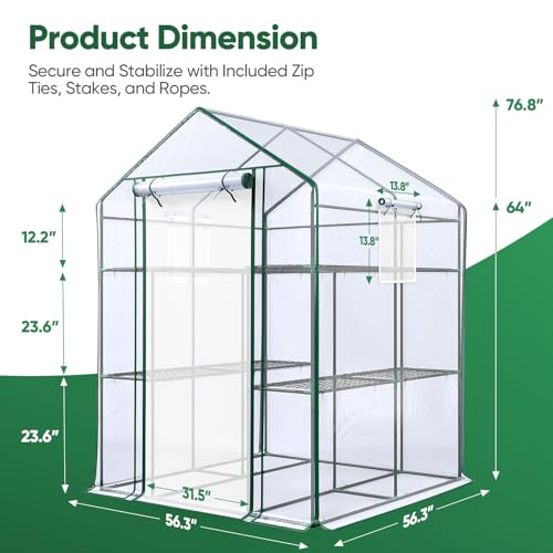 Quictent Walk-in Greenhouse for Outdoors, 56x56x77 in Portable Small Greenhouse with Shelves, Screen Door & Mesh Windows, Plastic Cover & Steel Frame, for Garden Backyard Patio Plant Seedling, Clear
