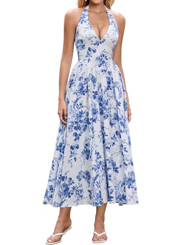 Image of Parthea Women's Gingham Halter V Neck Midi Dress Corset Smocked Sundress Flowy A Line Wedding Guest Dresses