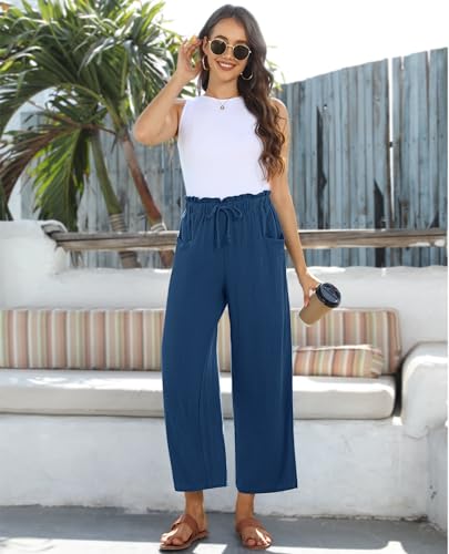 Image of siliteelon Wide Leg Linen Pants for Women Summer Capri Palazzo Flowy Pants Casual Loose High Waist Trousers with Pockets