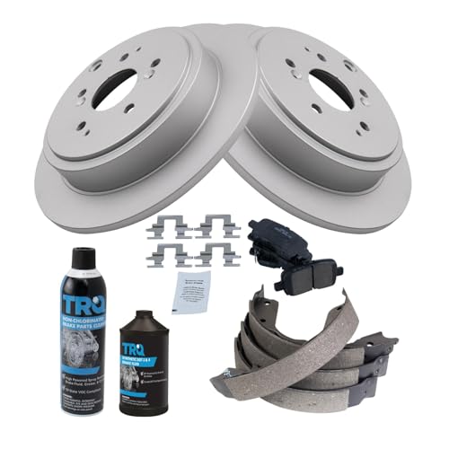 Image of TRQ Rear Brake Pad & Rotor Kit, with Chemical Kit Parking Brake Shoe Set Ceramic Premium G-Coated Compatible with 2001-2006 Acura MDX