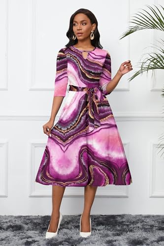 Image of CLOCOR Midi Dresses for Women Casual A-Line Fit and Flare Dress Crewneck 3 /4 Sleeve Keyhole Cocktail Party Church Dress