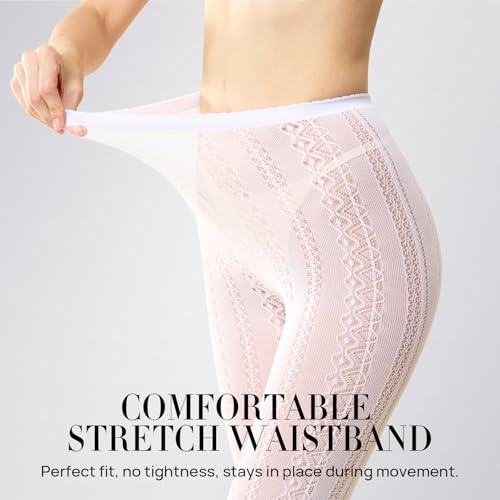 MANZI Women's Hollow Out Knitted Patterned Tights White Lace Fishnet Stockings Vertical Strips Pantyhose with High Waist