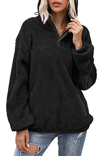 Yanekop Womens Fuzzy Fleece Sweatshirt Sherpa Quarter Zip Pullover Oversized Hoodie with Pockets(Black,3XL)