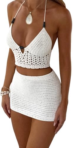 LovelyWholesale Women 2 Piece Skirt Sets Summer V Neck Halter Kni...