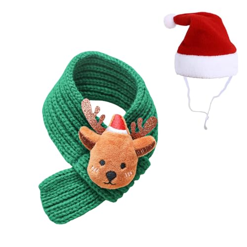 BT Bear 2 PCS Christmas Pet Scarf with Christmas Hat Set,Dog Knitted Scarf Puppy Cat Christmas Costume Pet Scarves Holiday Dress Up for Cats Small Dogs (Green,M)