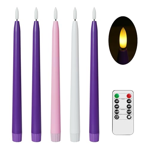 Stmarry Flameless Advent Candles Set of 5 - Flickering LED Flame 11 Inch Taper Candlesticks Remote Controlled - 3 Purple 1 Pink 1 White for Christmas Wreath
