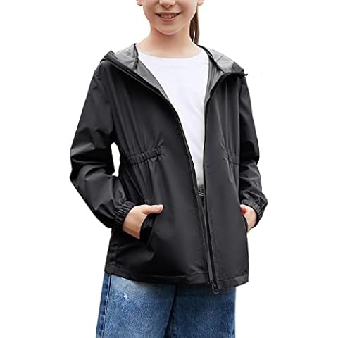 MODAFANS Girls Boys Rain Jacket Lightweight Waterproof Hooded RainCoats Windbreaker for Outdoor 8-9T,Black Cover