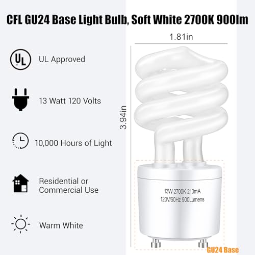 Image of Winkcao CFL Light Bulbs GU24 Base, T3 Spiral 13Watt (60Watt Equ) Soft White 2700K 900lm Compact Fluorescent Light Bulbs, UL Approved, 120v 60Hz, Self Ballasted CFL Bulbs, Pack of 8