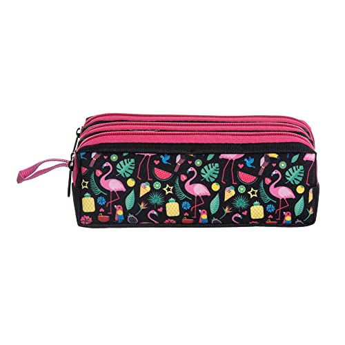 Estojo Escolar Triplo Oxford Estampa Flamingo Preto 3 Partes