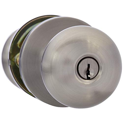 Amazon Basics Exterior Door Knob With Lock, Round, Satin Nickel