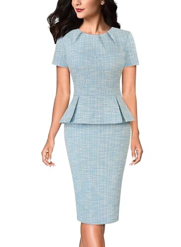 Image of VFSHOW Womens Pleated Crew Neck Peplum Work Business Office Church Bodycon Pencil Sheath Dress