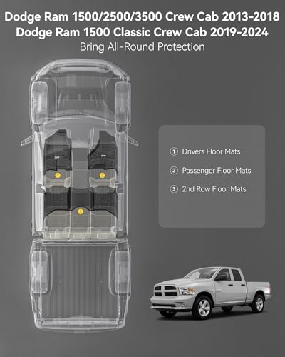 Image of 3W Floor Mats Fit for 2013-2018 Dodge Ram 1500 /2500 /3500 Crew Cab, 2019-2024 Ram 1500 Classic Crew Cab All Weather TPE Custom Fit Accessories Floor Liner for Dodge Full Set Car Mats