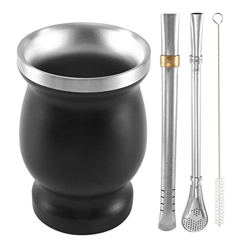 Markell Yerba Mate - Juego de tazas de té de acero inoxidable con doble pared, taza de café con 2 cucharas para pajitas y cepillo limpio 8Oz negro