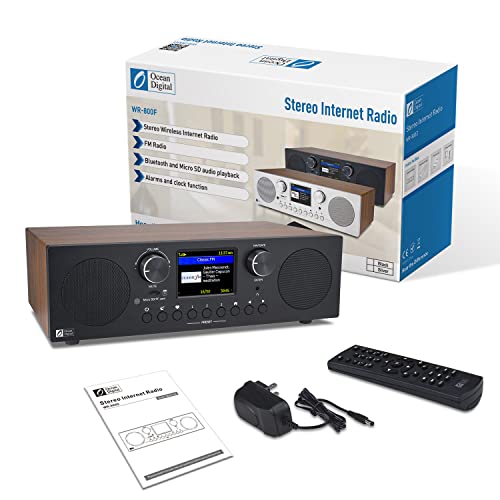 Image of Ocean Digital WR-800 FM Wi-Fi Internet Radio Stereo Speakers Micro SD Line Out Aux in 30,000+ Stations Stress Relief Relaxation Sleep Aid 2.8 inch Color Display Wooden Casing Black