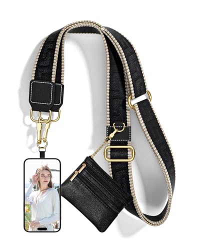 Nipichsha Crossbody Phone Strap with Wallet, Clip and Go Strap for Phone with Wallet, Adjustable Crossbody Cell Belt with Zippered Pouch, Neck Shoulder Cell Lanyard for Women, Black Great Wall