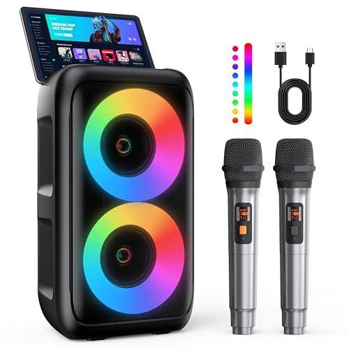 Karaoke Maschine, Karaoke Anlage Mit 2 Mikrofonen, Tragbare Karaoke Maschine Mit 2 Drahtlosen Mikrofone, Bluetooth Lautsprecher Box Für Erwachsene/Kinder Mit Led Lichteffekte,...