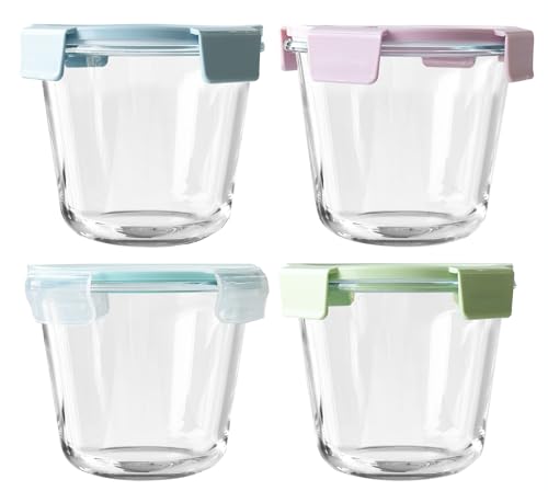 Glass Food Storage Soup Containers with Lids set 4 Meal Prep Reusable Airtight Round Lunch Bowls Boxes Kitchen Cooking Pantry Organizers Breakfast Porridge Pots Suitable for Microwave Freezer