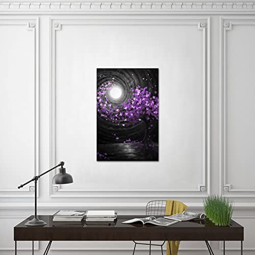 Skenoart Full Moon Canvas Wall Art Black White Moon Purple Blossom Tree Landscape Picture Painting Print Dreamlike Artwork Home Living Room Bedroom Bathroom Decor Stretched Ready To Hang #TOP4