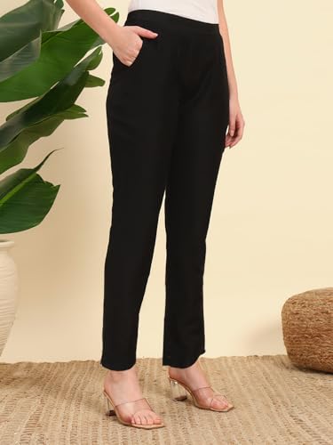 Image of Vogaan Women's Cotton Silk Pant | Half-Elasticated Waist Slim Fit Trouser for Women | Casual Pocket Pants for Office Formal Daily Use