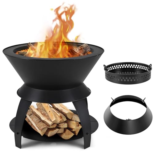 GOPLUS 3 en 1 Foyer Extérieur 50 x 58 CM, Brasero Charbon de Bois avec Cendrier et Anneau Amovible, Combustion Complète et Sans Fumée, pour Camping,...