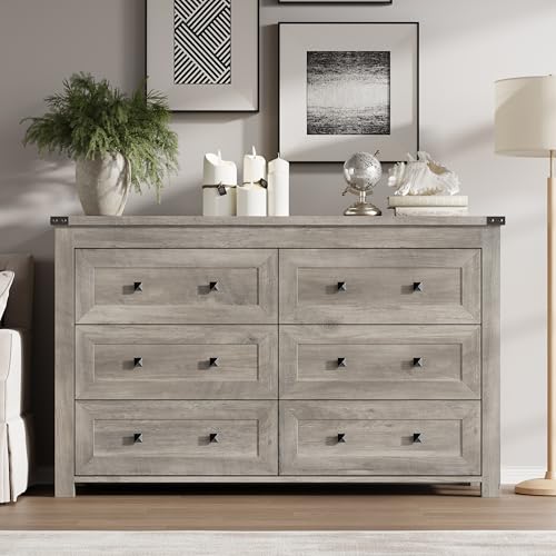 Image of BORNOON 6-Drawer Dresser, Modern Wooden Storage Chest of Drawers, Dresser TV Stand, Wood Drawer Organizer with Metal Handles for Bedroom, Living Room, Hallway