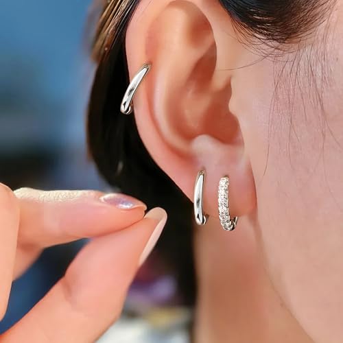 Image of Small Gold Huggie Hoop Earrings Set for Women Men Hypoallergenic 14K Plated Stack Cartilage Earrings, Sterling Silver Multiple Piercing Lightweight Mini Thin Cute Dainty Trendy Jewelry Gifts for Women