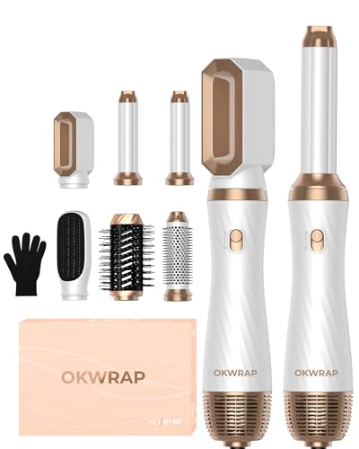 OKWRAP Airstyler Set 6 en 1 con secador de pelo redondo, cepillo de aire caliente, cepillo térmico, rizado todo en uno, cepillo de volumen para alisar, secar, volumen, rizar