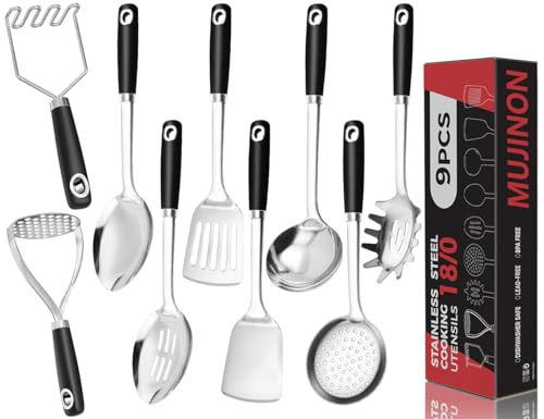 MUJINON 18/0 Stainless Steel Cooking Utensils Set, Heavy Duty Kitchen Utensils for Daily Use Party Wedding Housewarming, Dishwasher Safe, 9 Pieces