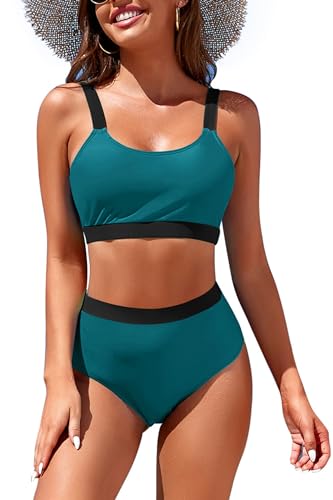 Image of Womens High Waisted Bikini Sets Sporty Crop Top Color Block Swimwear Bandeau Scoop Neck Vintage Two Piece Bathing Suits