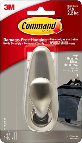 Command Large Forever Classic Brushed Nickel Metal Hook Indoor use - 1 Hook and 2 Adhesive Strips - Organise Damage Free