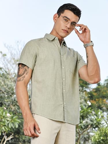 Image of Thomas Scott Men's | Solid | Linen Blend | Slim Fit | Short Sleeve | Spread Collar | Casual |Shirts for Men