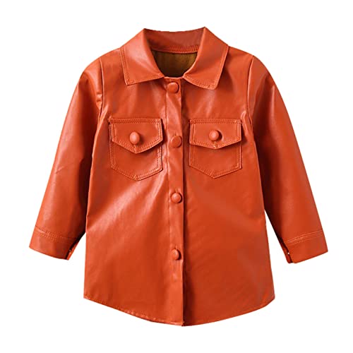 Toddler Baby Girls PU 𝗙aux Leather Jacket Fleece Windproof Lapel Button Coat Winter Warm Outwear with Pocket