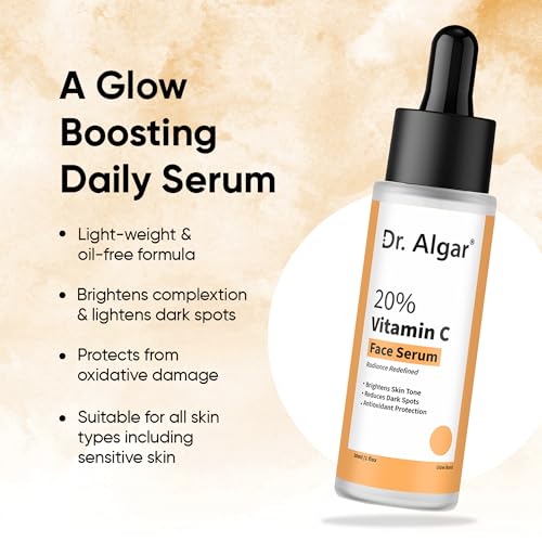 Image of Dr. Algar 20% Vitamin C Face Serum for Skin Brightening & Radiance | Helps Reduce Pigmentation, Dark Spots & Uneven Skin Tone | Lightweight Formula for All Skin Types