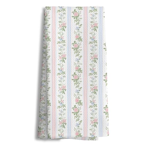 efgthyjdh Grandmillennial Blue and Pink Floral Striped Kitchen Towels Cottagecore French Country Hand Tea Towels for Bathroom Farmhouse Pink Green Blue Botanical Dish Towel Dishcloth 16x24 Inch