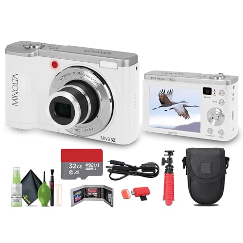 Minolta MNB5Z 56MP Dual Lens Point & Shoot Digital Camera with 5X Optical Zoom & 5K Ultra HD Video Bundle with 32GB Memory Card + Vlogger Tripod + Bag + 6Ave Cleaning Kit + More Accessories (White)
