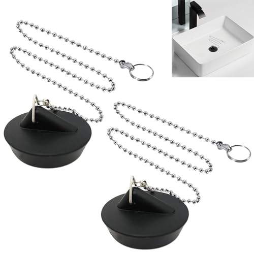 YUNYU 2 Pcs Universal Sink Plug with Chain Bathroom Sink Plug Replacement Drain Stopper for Bathroom Kitchen Rubber Bath Plug with Stainless Steel chain (Size 1.57in To 1.77in Chain 16.5in)