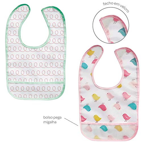 Kit 2 Babadores Com Bolso Passarinho, Buba, Colorido, pacote de 2