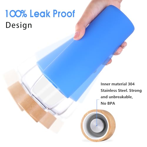 Laster-Glass-Water-Bottle-20-Oz-600-ml-made-of-Borosilicate-Glass-1-Bamboo-1-Stainless-Steel-Lid-BPA-Free-Non-Slip-Silicone-Sleeve-Ocean-Blue