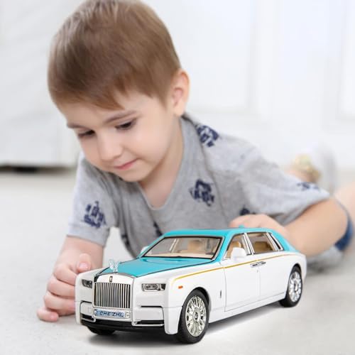 Image of FEXXA 🏎️ Exclusive Alloy Metal Pull Back Die-cast Car Model with Sound Light Mini Auto Toy for Kids Metal Model Toy Car with Sound and Light (1.24 Scale Rolls Royce Phantom - Sky)