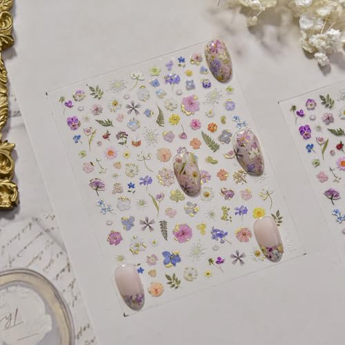 Image of Flower Nail Stickers for Nail Art Spring Nail Decals 5D Embossed Self-Adhesive Nails Charms Floral Nails Design Supplies Decoration Accessories for Women 1 Sheets
