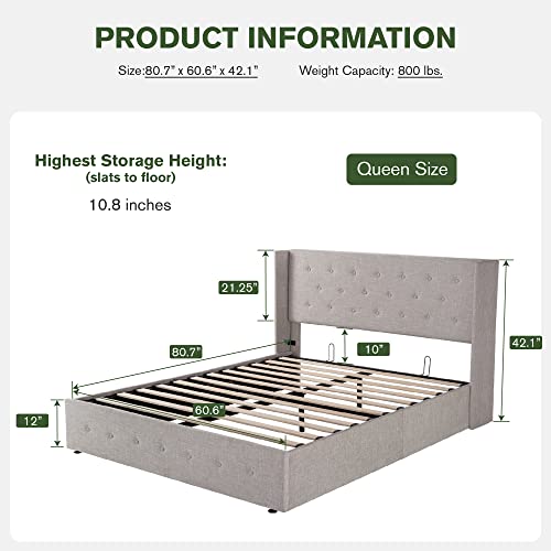 Imusee Queen Size Platform Bed Frame With Lifting Storage, Button Tufted Headboard With Wingback, Underneath Storage Space, Fabric Upholstered, No Box Spring Needed, Beige #TOP1