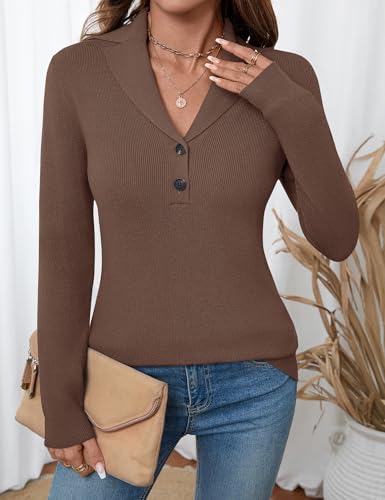 Image of LOMON Sweaters for Women 2025 Fall Knitted V-Neck Collared Button Pullover Dressy Casual Long Sleeve Polo Shirts Business