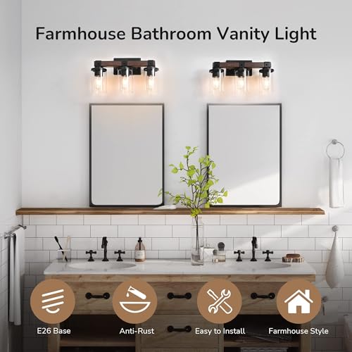 Image of EDISHINE Farmhouse Vanity Lights for Bathroom, 3-Light Bathroom Vanity Lights Over Mirror, Wall Sconce with Clear Glass Shades for Vanity Table, Living Room(E26 Base) (Pack of 2)