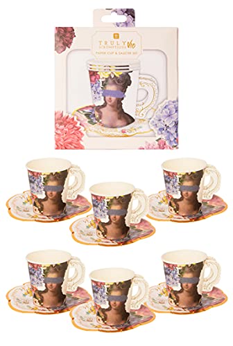 Talking Tables Pack of 12 Floral Cup & Saucer Afternoon Tea Set with 'Cheers' Design | Truly Scrumptious Disposable Tableware For Birthday Party, Baby Shower, Wedding, Bridgerton Theme (TS10-CUPSET)