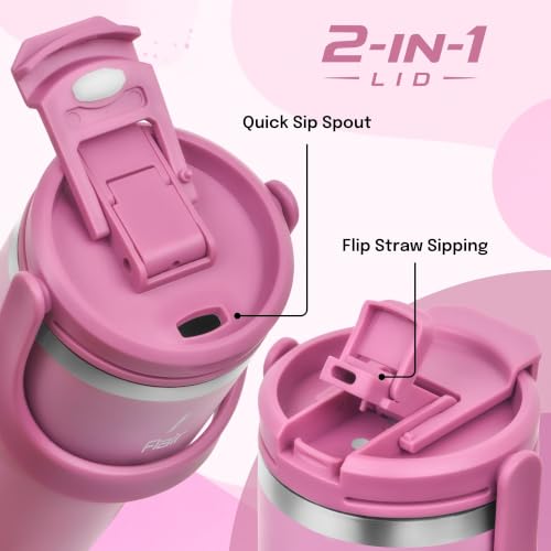 Image of FLAIR Rage Vacuum Insulated Coffee Tumbler 500 ml Pink | 2-in-1 Lid (Straw & Sip)| 304 Double Wall Stainless Steel | Leak-Proof Lid | Hot & Cold Travel Mug with Handle | BPA-Free