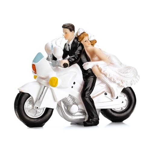 PartyDeco Tortenfigur Hochzeit 11,5cm - Brautpaar Figuren auf Motorrad - Hochzeitstorte Deko...